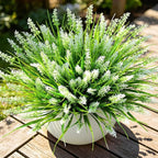 AmyHomie Fake Plants Artificial Flowers for Outdoors – 16 Bundles White Fake Lavender Plants & Monkey Grass, UV Resistant Faux Greenery for Patio, Porch, Planter, Garden and Window Decor