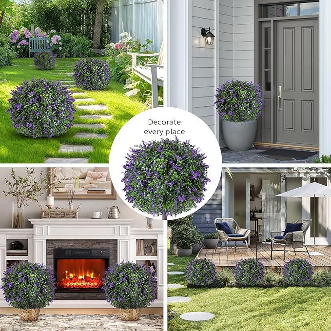 2 Pack Artificial Urn Filler, Artificial Lavender Topiary Shrubs, UV-Resistant Evergreen Plants, Indoor/Outdoor Decoration, Suitable for porches, courtyards, Gardens, and Flower beds