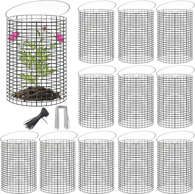 12 Sets of 16'' x 12'' Garden Plant Protectors from Animals With Detachable Covers ,36Pcs Metal Wire Protectors With Cover for Plants , Metal Plant Cage Chicken Wire Cloche with Stakes & Nylon Ties