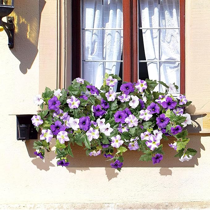 Ammyoo 4 Pcs Artificial Fake Petunia Flowers for Outdoor Decoration, Faux Silk Petunias Flower for Spring UV Resistant No Fade Realistic Plants for Garden Balcony Yard Porch Indoor Decor(Purple White)