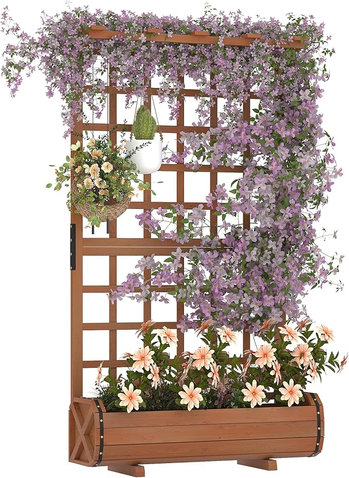 GarveeLife 67" h Raised Garden Bed with Trellis & Roof - Wooden Planter Box with Drainage, Freestanding Outdoor Garden Box for Climbing Vines, Vegetables, Flowers - Perfect for Yard, Patio, Balcony