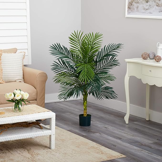 Nearly Natural 4-FT Artificial Golden Cane Palm Tree, Set of 2 Fake Palm Trees with Two Realistic Trunks and 10 Lifelike Palm Fronds, Faux Palm Plants for Indoor Home Décor with Black Nursery Planter