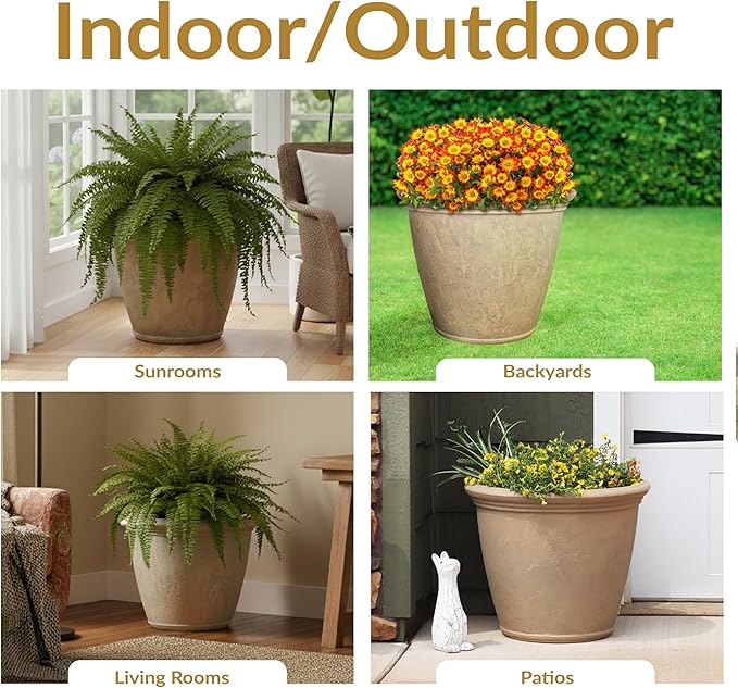 Sunnydaze 24-Inch Anjelica Large Plastic Pot for Plants - Outdoor Double-Walled Large Plastic Planter with Drillable Drainage Holes - Beige - 4pk