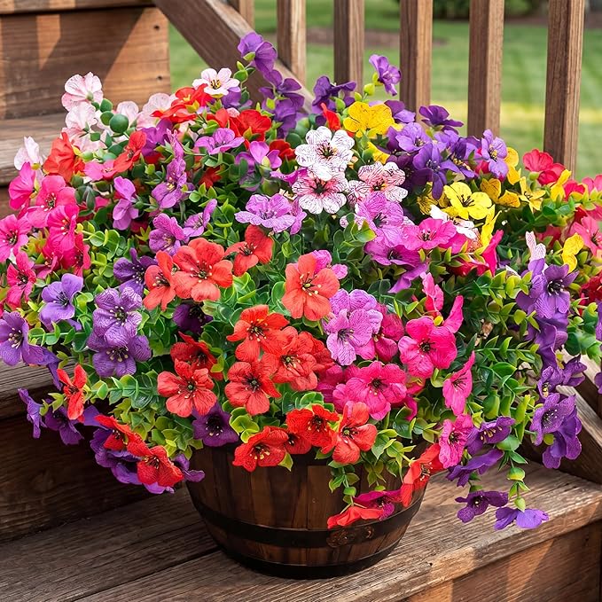 Artificial Flowers for Outdoor Fake Plants for Spring Decoration,Faux Eucalyptus Flowers for Planter UV Resistant Lifelike for Home Porch Garden (6 Color)