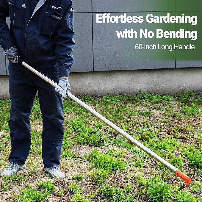 2-in-1 Garden Hoe and Weed Puller Rake, 60 Inch Adjustable Long Handle Weeding Tool Heavy Duty Spring Steel Head with Sand Texture Finish, Weed Remover for Garden, Yard, Lawn, Driveway