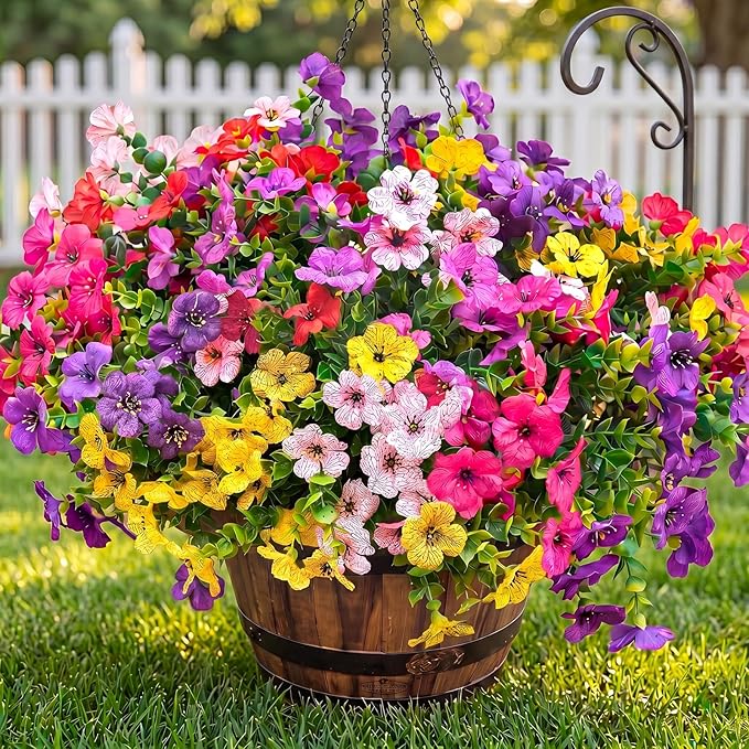 Artificial Flowers for Outdoor Fake Plants for Spring Decoration,Faux Eucalyptus Flowers for Planter UV Resistant Lifelike for Home Porch Garden (Yellow/Pink/Red/Light Purple)