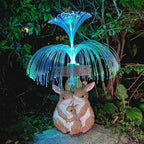 Solar Rabbit Garden Statues,Resin Rabbit Family Figurine with Welcome Card and 7-Color Changing Optical Fiber with Solar Lights, Lawn Decor Outdoor Statue for Patio,Balcony,Yard,Lawn