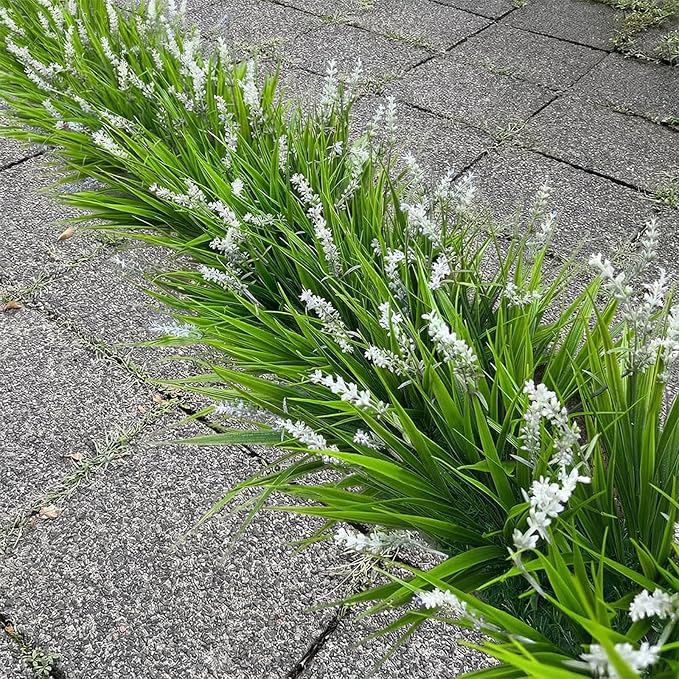 Yimingjin 12 Bundles Artificial Grass Fake Plants，Outdoor Fake Monkey Tail Grass with Flowers for Pot UV Resistant Lavender Patio Garden Porch Home Window Hanging Planter Decor Faux Shrubs(White)