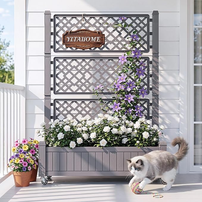 YITAHOME 42.5x14.2x61 in Planter Box with Trellis/Outdoor Privacy Screen, All-Weather Raised Garden Bed with Wheels & Drain Plug for Climbing Plants Flowers Herbs, Brown