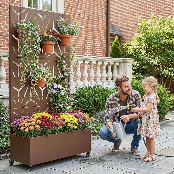 Casaphoria Metal Raised Garden Bed with Trellis and Wheels, 72"x35"x16" Planter Box for Climbing Plants, Vegetables & Vines, Features Drainage Holes and Privacy Screen, Brown-Star