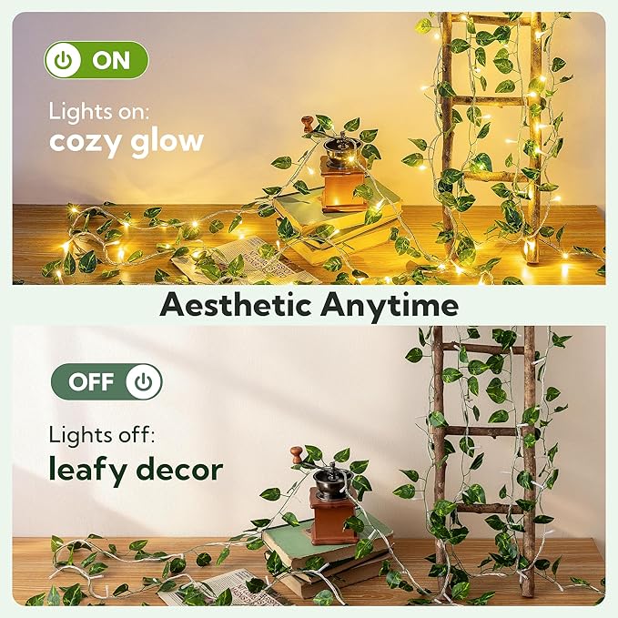HEYFUNi Vines with Lights, 23 Ft 73 Led Faux Pothos String Lights Plug in, Leaf Lights for Bedroom, Wall, Balcony, Wedding Decor, Warm White