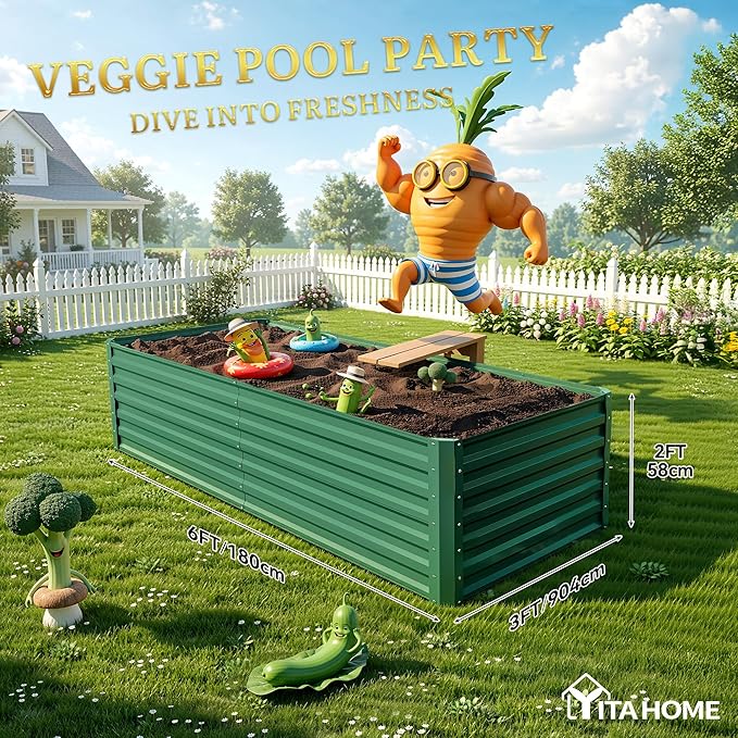 YITAHOME 6x3x2ft Large Raised Garden Bed Kit, Galvanized Metal Planter Box with Gloves, Support Rod, Outdoor Above Ground Planters for Plants, Vegetables, Flowers, Green