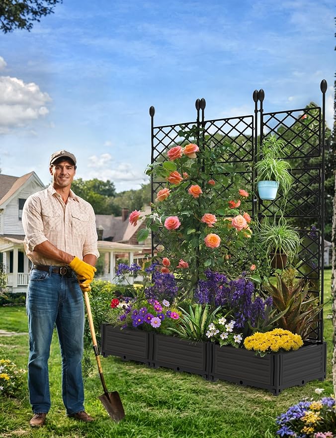 Garvee Raised Garden Bed with Trellis 3-Pack - 48" l x 16" w x 63" h Plastic Vertical Planter Box for Climbing Plants, Outdoor Privacy Screen for Patio, Balcony, Backyard - Sturdy & Lightweight