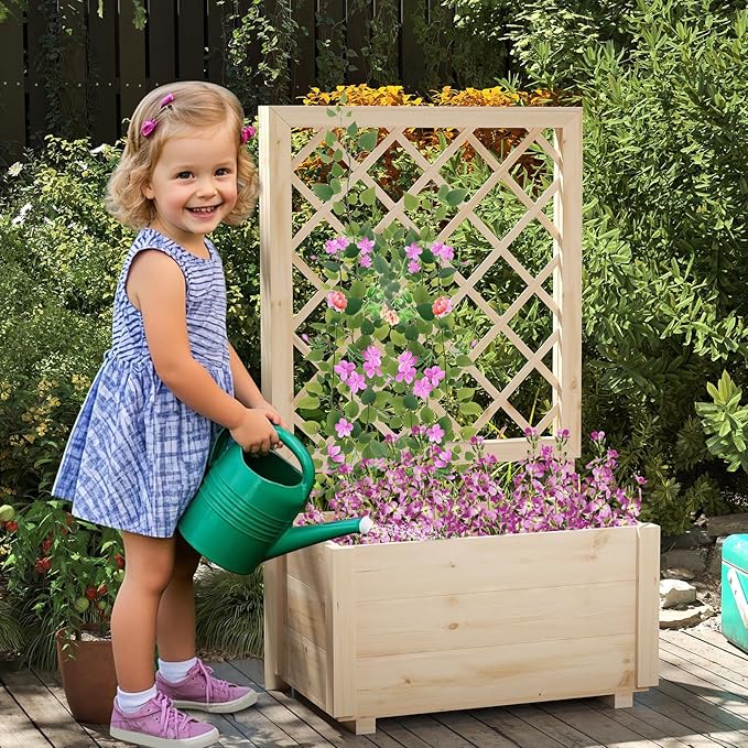 Giantex Raised Garden Bed with Trellis, Wooden Elevated Planter Box for Climbing Plants, Outdoor Garden Planter for Vegetables Flowers Herbs, Patio Balcony Planting Box, 23 x 14 x 40 Inch