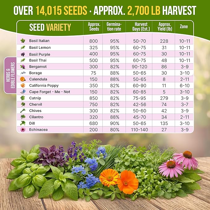 Organo Republic 30 Culinary Herbs & Edible Flower Seed Variety Pack- Indoor/Outdoor. 14000+ Non-GMO Heirloom Flower Seeds: Basil, Borage, Echinacea, Lavender, Oregano, Rosemary Seeds & More