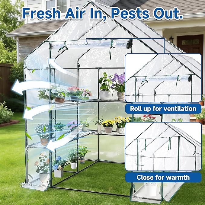 SUNGIFT Greenhouses for Outdoors, Upgraded PVC Cover Walk-in Greenhouse Kit 57x61x80 Inch, Zippered Windows Mesh Door, Plant Garden Hot House for Outside, Clear