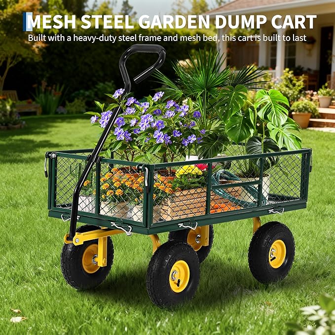 900 lbs Heavy Duty Steel Garden Cart, Garden Wagon Cart on Wheels, Outdoor Metal Yard Utility Wagon Carts with and Mesh Removable Sides and 180°Rotating Handle,Green