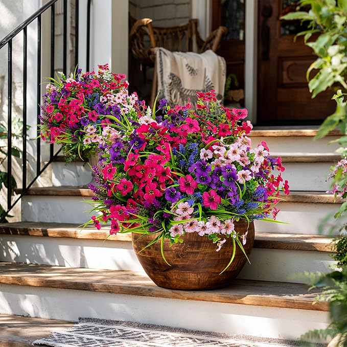 AXYLEX Artificial Flowers for Outdoors Fake Plants - 16 Bundles Faux Outside Greenery Boxwood No Fade Plastic Shrubs Fall Decor Farmhouse Home Garden Thanksgiving Mums (Mix White Purple Pink)