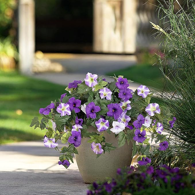 Ammyoo Artificial Fake Flowers Plants for Outdoor Decoration, 2PCS Faux Petunias Silk Flower UV Resistant No Fade for Home Outside Garden Balcony Yard Porch Realistic Indoor Decor (Purple White)