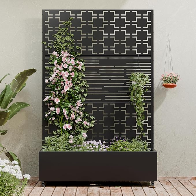 Casaphoria Metal Raised Garden Bed with Trellis and Wheels, 72"x47"x16" Planter Box for Climbing Plants, Vegetables & Vines, Features Drainage Holes and Privacy Screen, Black(Square&Shine)
