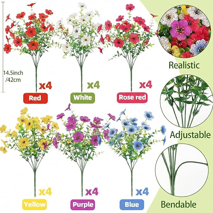 ATTGREAT Artificial Flowers Outdoors Spring Faux Flowers UV Resistant Fake Plastic Greenery Plnats Outside Bulk for Garden Hanging Planter Patio Home Decor, 24 Bundles (Multicolor)