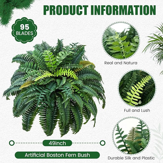 Giegxin 1 Pack 49''/95 Leaves Artificial Ferns for Outdoors, Large Fake Boston Ferns Bush, Realistic UV Resistant Faux Silk Plants for Porch Patio Hanging Garden Balcony Office Living Room Decor