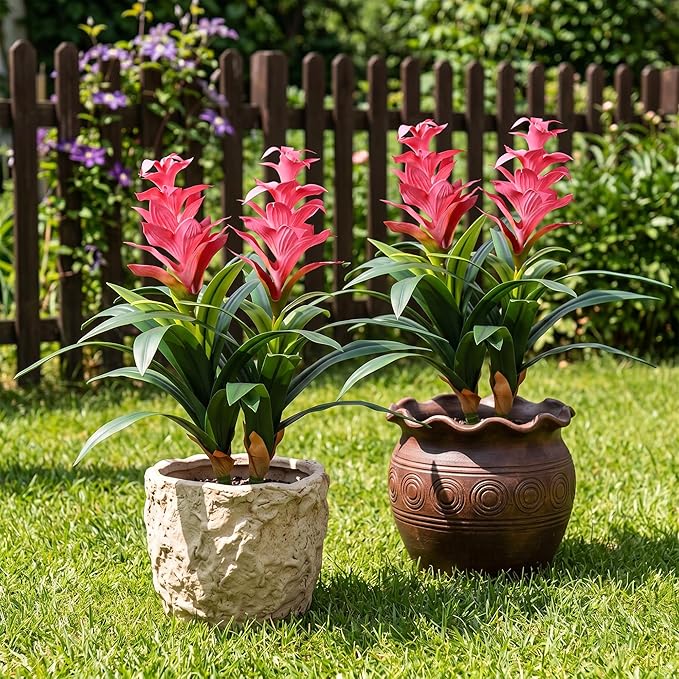 Ivydale Fake Flowers Plants for Outdoors, 2 Pcs 16.93" Bromeliad Artificial Flowers Uv Resistant Realistic Faux Flowers for Outdoor Planters Outside Porch Patio Yard Garden Indoor Decoration(Pink)