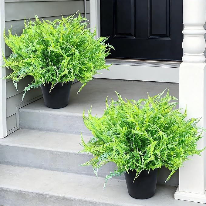 Set of 2 Large Potted Plants Artificial Ferns for Outdoor - Already Assembly Faux Ferns in Pots UV Resistant Realistic Fake Greenery Potted for Outdoor Home Office Patios Porches Yards Decor