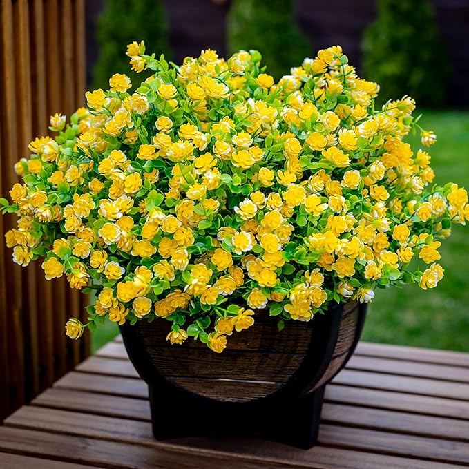 Artificial Flowers Outdoor Fake Plants - 12 Bundles UV Resistant No Fade Faux Plastic Greenery Boxwood Shrubs Home Garden Porch Patio Decoration (Yellow)