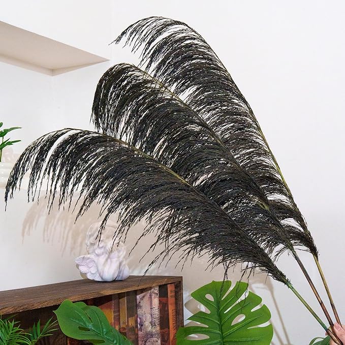 Dark Grey Pampas Grass Tall for Floor Vase Decor, Black Natural Pampas Grass, Large Dried Pompas Floral, Elegant Feather Flowers for Wedding Living Room Decorations(Natural Grey, 4pcs 43.3"(110cm))