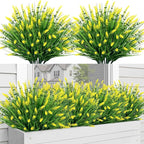 Bassion Artificial Flowers for Outdoors, 24 Bundles Fake Lavender Flowers UV Resistant Yellow Plastic Plants Faux Monkey Grass for Home Porch Garden Window Box Indoor Outdoor Decorations