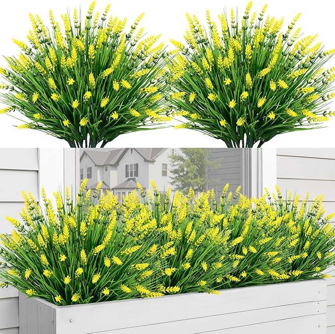 Bassion Artificial Flowers for Outdoors, 24 Bundles Fake Lavender Flowers UV Resistant Yellow Plastic Plants Faux Monkey Grass for Home Porch Garden Window Box Indoor Outdoor Decorations