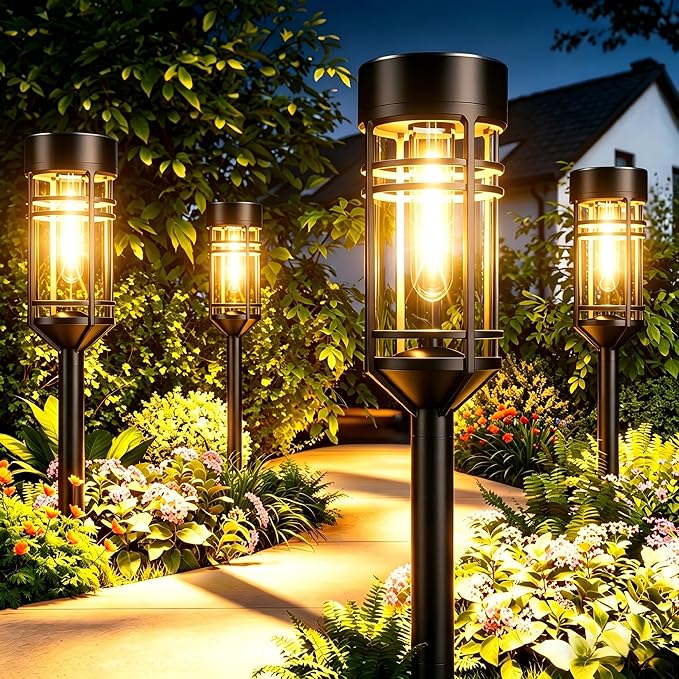 Amzarp 6 Pack Solar Garden Lights, Bright LED Solar Pathway Lights Outdoor IP65 Waterproof Rugged Shatterproof Auto On/Off for Landscape Garden Yard Walkway Driveway Lawn Lighting (3000K Warm White)
