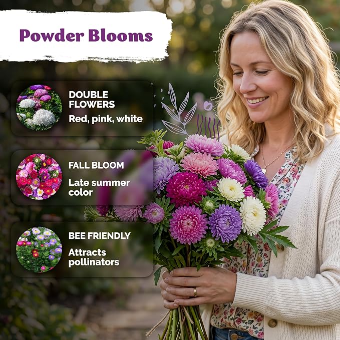 KVITER 750 Mix Powder Puff China Aster Seeds (Callistephus Chinensis) - China Aster, Cut Flowers with Long Stems, Double Flower in Seed Packets - Annual Flower Seeds for Outdoor Garden & Borders
