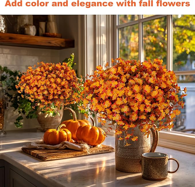 Artificial Fall Flowers Outdoor Fake Mums - 12 Bundles Fake Plants UV Resistant No Fade Faux Plastic Greenery Garden Porch Patio Fall Home Decor(RedOrangeYellow)