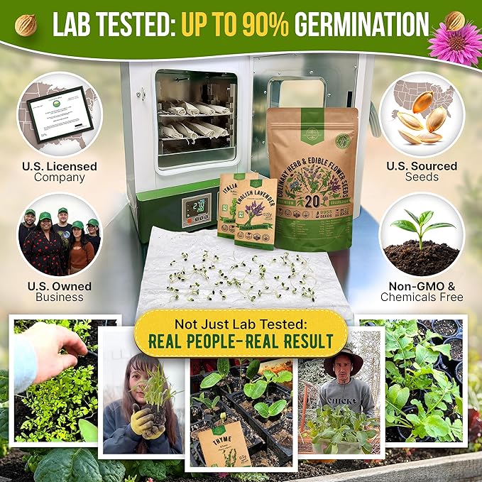 20 Culinary Herbs & Edible Flower Seed Variety Pack for Planting Indoor & Outdoors. 9500+ Non-GMO Heirloom Flower Seeds: Basil, Borage, Echinacea, Lavender, Oregano, Rosemary Seeds & More