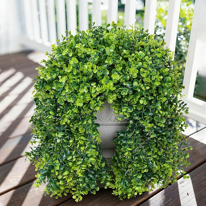 Faux Outdoor Plants Fake Hanging Plants for Outdoors Outside Decorations, 2 Pcs Green Faux Eucalyptus Stems Realistic UV Resistant Artificial Greenery for Planters Porch Garden Yard Front Door Patio