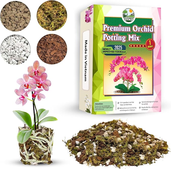 [Upgraded] DUSPRO Orchid Potting Mix for Repotting with Forest Moss, Pine Bark, Perlite & Pumice, Orchid Bark Potting Mix, Orchid Repotting Soil, Drainage Indoor Potting, Orchid Pot Not Included,1 QRT