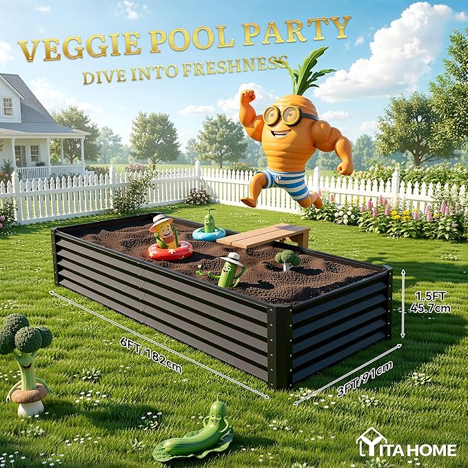 YITAHOME 6x3x1.5ft Large Raised Garden Bed Kit, Galvanized Metal Planter Box with Gloves, Support Rod, Outdoor Above Ground Planters for Plants, Vegetables, Flowers, Black