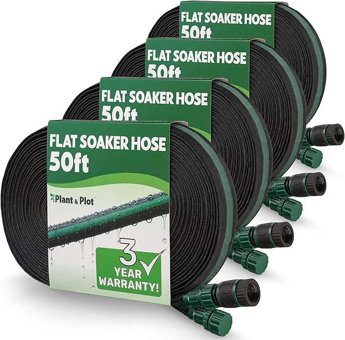 Flat Soaker Hose 200ft (50ft 4-Pack) for Garden // Drip Hose for Garden Beds, Lawns and Trees // Heavy Duty Leakproof Design with Quick Connect // Linkable Irrigation System for Vegetables and Flowers