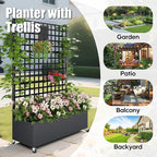 Metal Planter Box with Trellis Privacy Screen, Raised Garden Bed with Lattice Trellis & Wheels, Privacy Planters for Patio, Planter Box for Climbing Plants, Flower, 73"x 47"x 16", Black