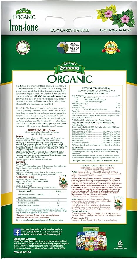 Espoma Organic Iron-Tone 3-0-3 Organic Fertilizer and Plant Food to Help Correct Iron Deficiency (Chlorosis). 20 lb. Bag. Turns Yellow to Green, Non Staining Iron