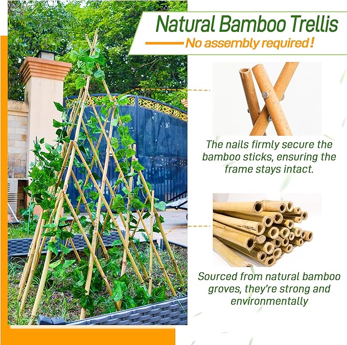 4ft Expandable Bamboo Teepee Trellis for Climbing Plants, Self-Standing Natural Bamboo Trellis for Plant Support, Folding Garden Trellis for Vines Flowers Vegetable Indoor Outdoor