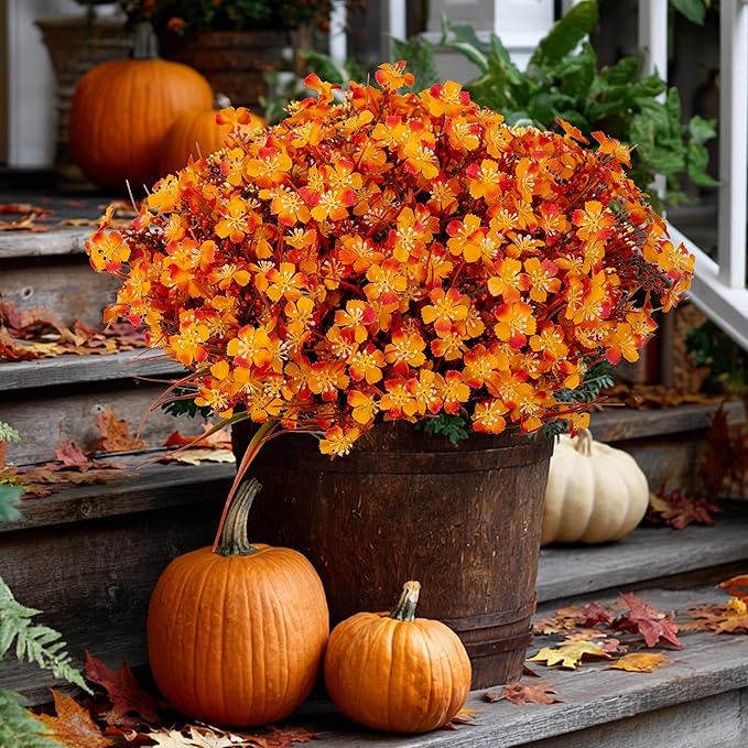 Artificial Flowers Outdoor Shrubs - Fake Plants UV Resistant No Fade Faux Plastic Greenery Home Garden Porch Patio Decoration Office Indoor (Orange)