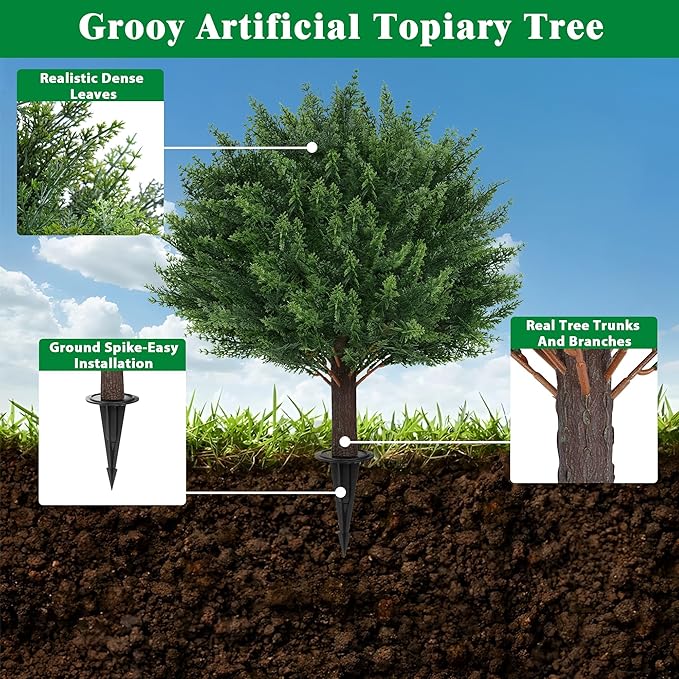Grooy Artificial Cypress Topiary Tree with Ground Spike, Set of 4 Artificial Shrub Bushes, Fake Evergreen Tree for Porch, Artificial Plants for Outdoor Planters Indoor UV Resistant
