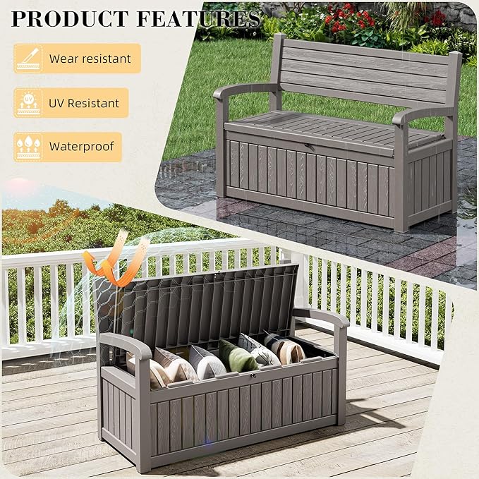 80 Gallon Outdoor Storage Box,Resin Stripes Deck Box Doubles as 2-Person Bench Seat,Waterproof Storage Outdoor Porch Bench for Cushions,Garden Tools and Pool Supplies Grey