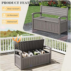 80 Gallon Outdoor Storage Bench Waterproof, Storage Outdoor Porch Bench Doubles as 2-Person Bench Seat, Resin Stripes Deck Box for Cushions, Garden Tools and Pool Supplies Grey