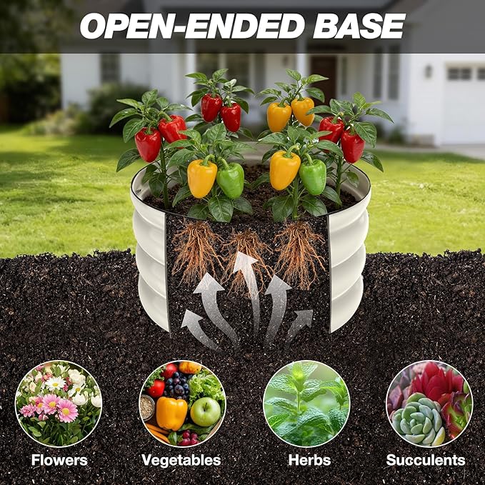 SHALL 8PC Galvanized Raised Garden Bed Kit, 3Pc 2x2x1ft Round Planter Boxes Outdoor W/Mini Seed Spreader, Disk Seeder, 2X Seeding Transplanters, Protective Gloves for Flowers Fruits Vegetables Herbs