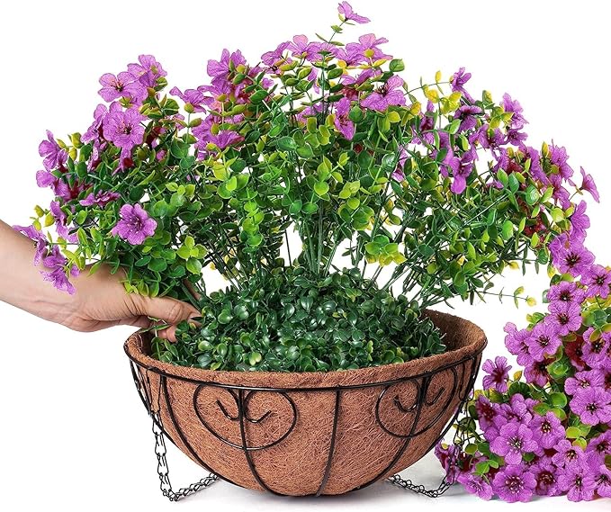 HyeFlora Artificial Fake Hanging Plants Flowers Basket for Outdoor Outside Porch Spring Decoration, Faux Silk Purple Daisy Realistic UV Resistant in Planter for Home Patio Balcony Garden Yard