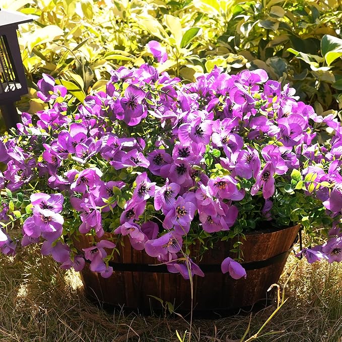 Artificial Flowers for Outdoor, UV Resistant Fake Silk Pansies Flowers, Realistic Faux Plants for Outside Indoor Porch Patio Window Box Planter Home Decor (16, Purple)